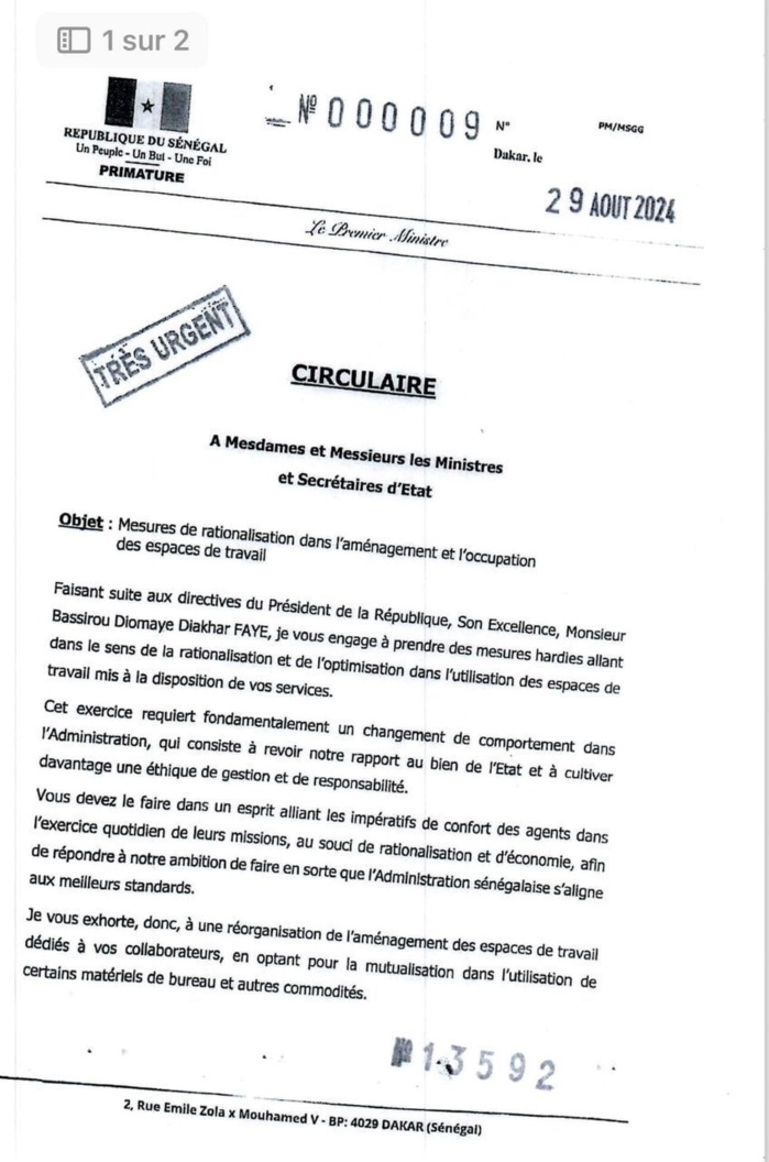 Aménagement et occupation des espaces de travail : Les nouvelles directives du PM Ousmane Sonko à l’administration Aménagement et occupation des espaces de travail : Les nouvelles directives du PM Ousmane Sonko à l’administration