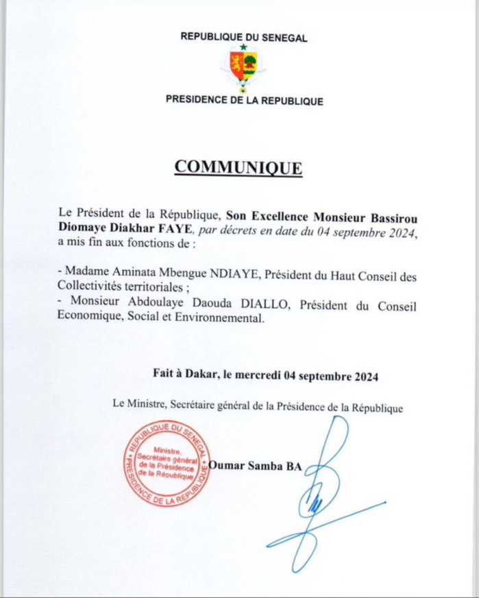 HCCT et CESE: Le président Bassirou Diomaye Faye limoge Abdoulaye Daouda Diallo et Aminata Mbengue Ndiaye (Document) HCCT et CESE: Le président Bassirou Diomaye Faye limoge Abdoulaye Daouda Diallo et Aminata Mbengue Ndiaye (Document)