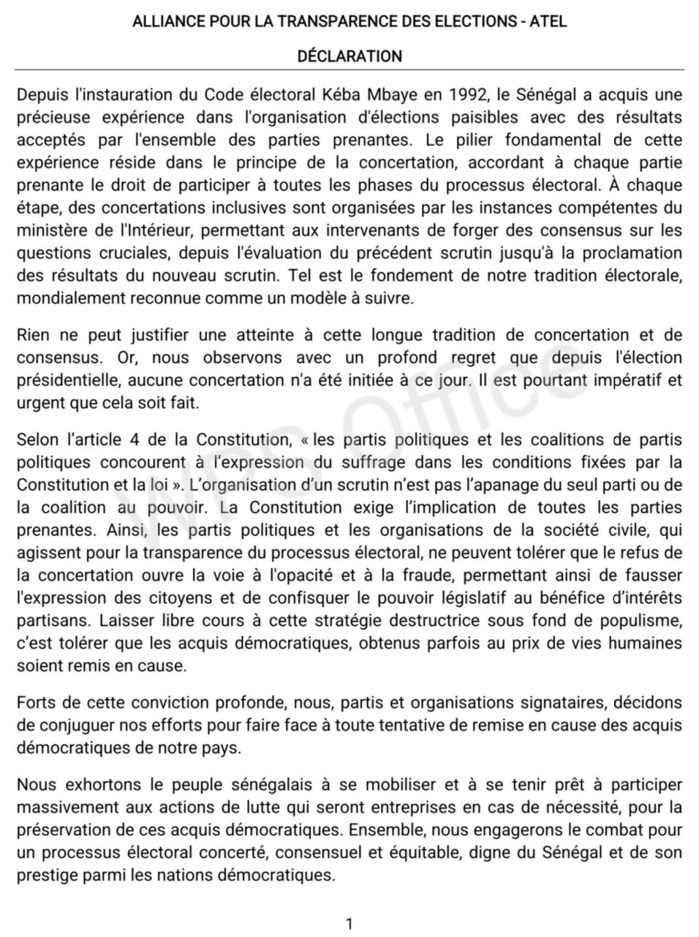 Pour un processus électoral concerté et équitable : L'Alliance pour la Transparence des élections met en garde le pouvoir en place contre toute démarche solitaire. Pour un processus électoral concerté et équitable : L'Alliance pour la Transparence des élections met en garde le pouvoir en place contre toute démarche solitaire.