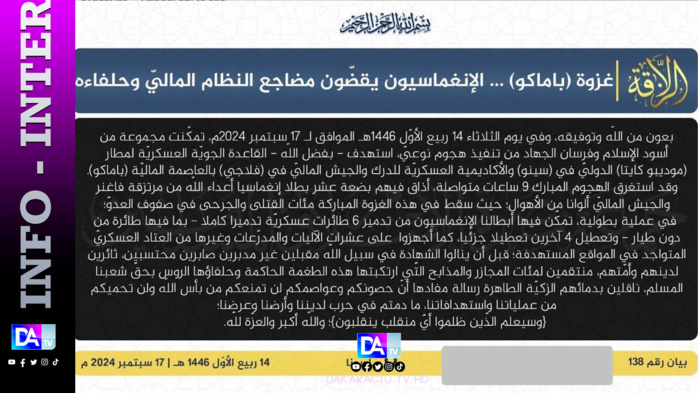 Mali : le groupe JNIM donne les détails de son attaque djihadiste Mali : le groupe JNIM donne les détails de son attaque djihadiste