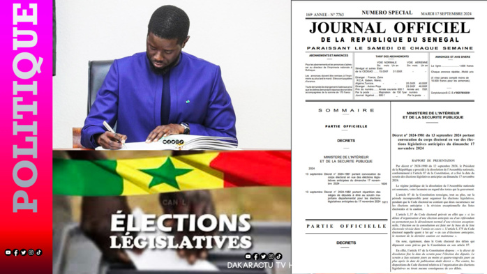 Législatives anticipées 2024 : Le président de la République publie le décret convoquant le corps électoral le 17 novembre prochain. Législatives anticipées 2024 : Le président de la République publie le décret convoquant le corps électoral le 17 novembre prochain.