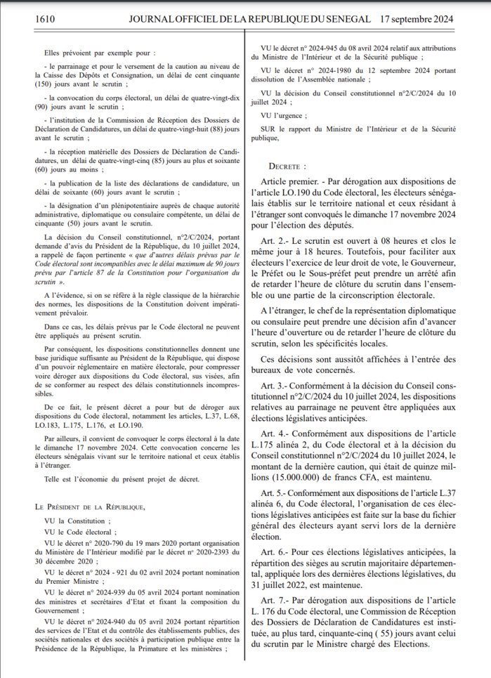 Législatives anticipées 2024 : Le président de la République publie le décret convoquant le corps électoral le 17 novembre prochain. Législatives anticipées 2024 : Le président de la République publie le décret convoquant le corps électoral le 17 novembre prochain.