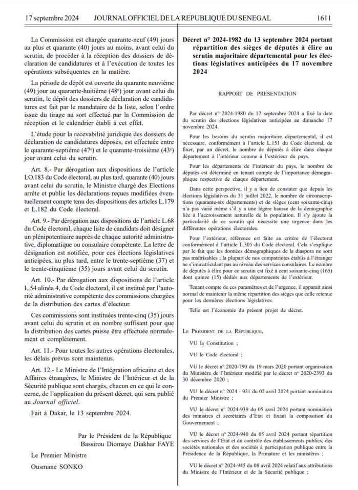 Législatives anticipées 2024 : Le président de la République publie le décret convoquant le corps électoral le 17 novembre prochain. Législatives anticipées 2024 : Le président de la République publie le décret convoquant le corps électoral le 17 novembre prochain.