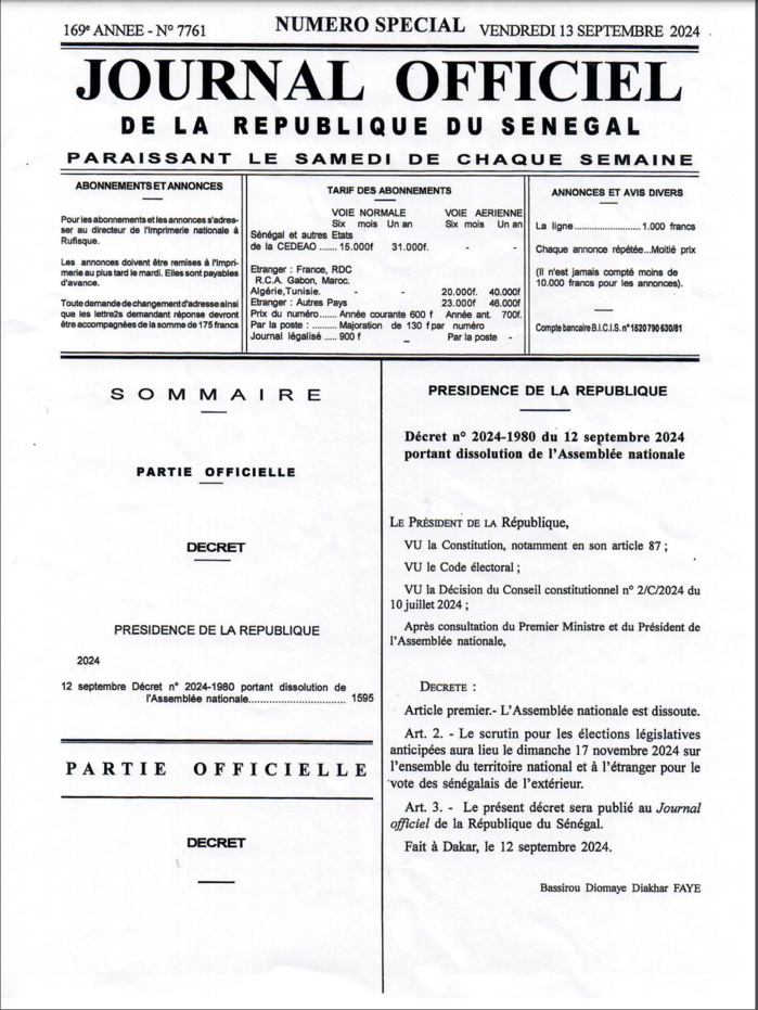 Dissolution de l'Assemblée Nationale : le décret signé par le PR BDF est rendu public… Dissolution de l'Assemblée Nationale : le décret signé par le PR BDF est rendu public…