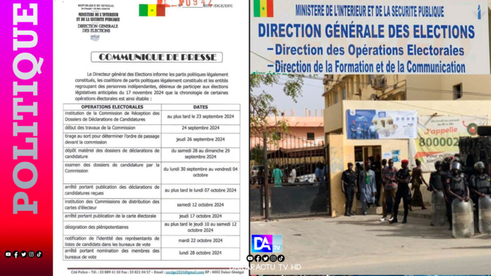 Sénégal-élections législatives anticipées du 17 novembre 2024 : voici la chronologie de certaines opérations électorales selon la DGE. Sénégal-élections législatives anticipées du 17 novembre 2024 : voici la chronologie de certaines opérations électorales selon la DGE.