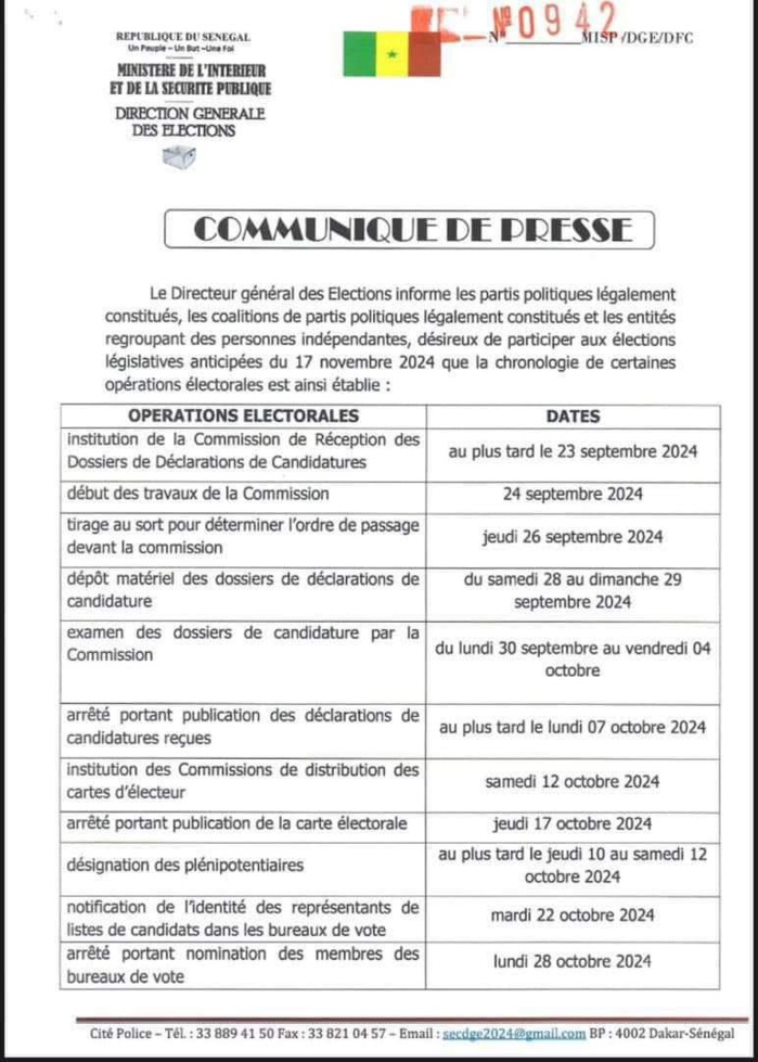 Sénégal-élections législatives anticipées du 17 novembre 2024 : voici la chronologie de certaines opérations électorales selon la DGE. Sénégal-élections législatives anticipées du 17 novembre 2024 : voici la chronologie de certaines opérations électorales selon la DGE.