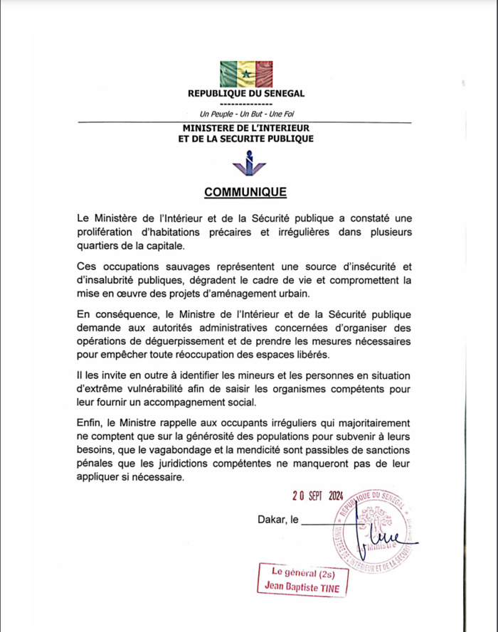 Dakar : le ministre de l’intérieur annonce une série de déguerpissements dans la capitale et prévient tout contrevenant. Dakar : le ministre de l’intérieur annonce une série de déguerpissements dans la capitale et prévient tout contrevenant.