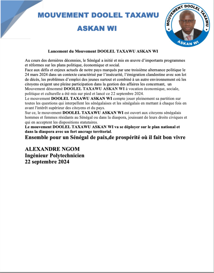 Alexandre Ngom ingénieur polytechnicien lance son mouvement «DOOLEL ASKAN WI» Alexandre Ngom ingénieur polytechnicien lance son mouvement «DOOLEL ASKAN WI»