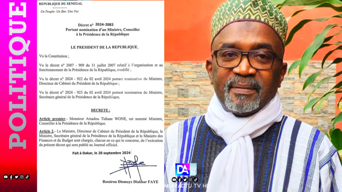 L'ancien ministre Amadou Tidiane Wone nommé ministre, conseiller à la présidence. L'ancien ministre Amadou Tidiane Wone nommé ministre, conseiller à la présidence.