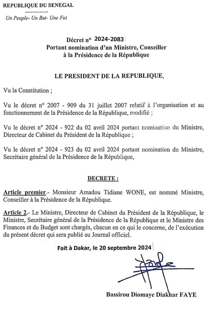 L'ancien ministre Amadou Tidiane Wone nommé ministre, conseiller à la présidence. L'ancien ministre Amadou Tidiane Wone nommé ministre, conseiller à la présidence.