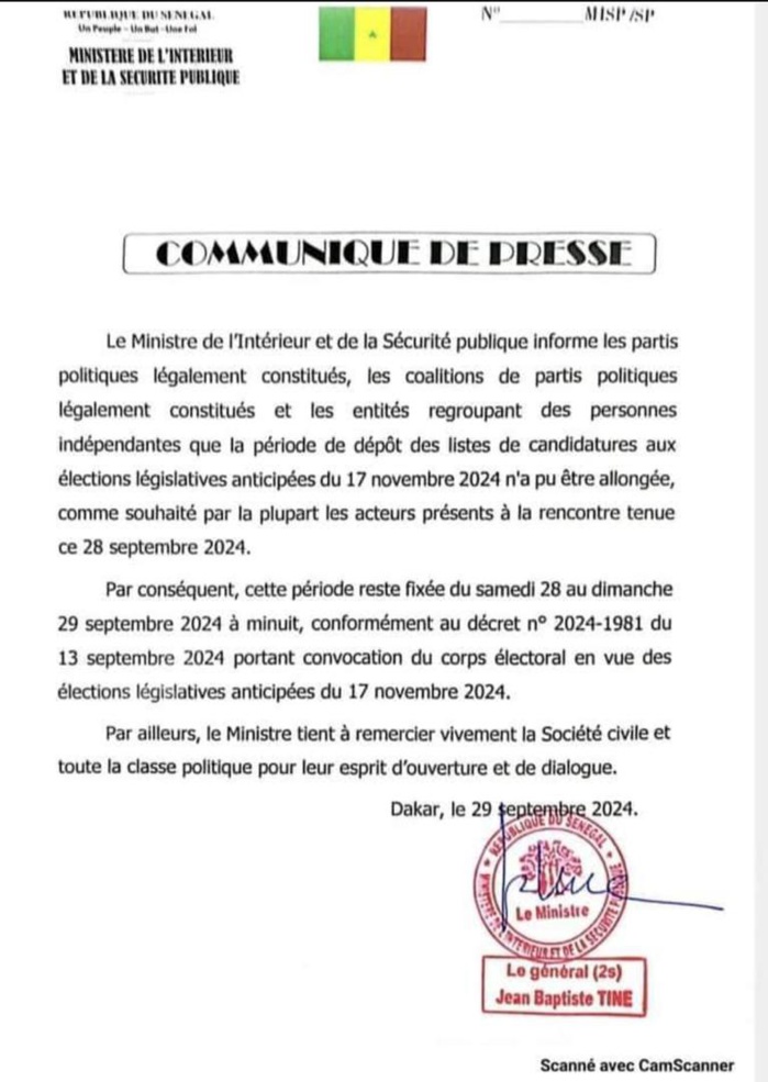 Élections législatives anticipées : pas de prolongation des délais de dépôts de dossiers (ministère de l’intérieur). Élections législatives anticipées : pas de prolongation des délais de dépôts de dossiers (ministère de l’intérieur).