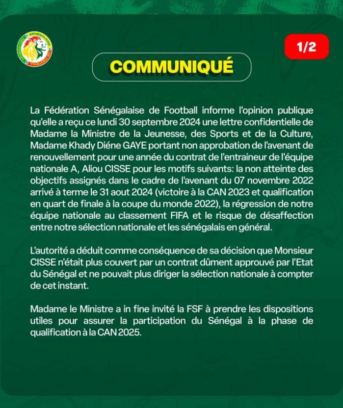 Refus du ministre des Sports de prolonger son contrat d’une année : la FSF entérine le départ d’Aliou Cissé à la tête de l’équipe nationale du Sénégal . Refus du ministre des Sports de prolonger son contrat d’une année : la FSF entérine le départ d’Aliou Cissé à la tête de l’équipe nationale du Sénégal .