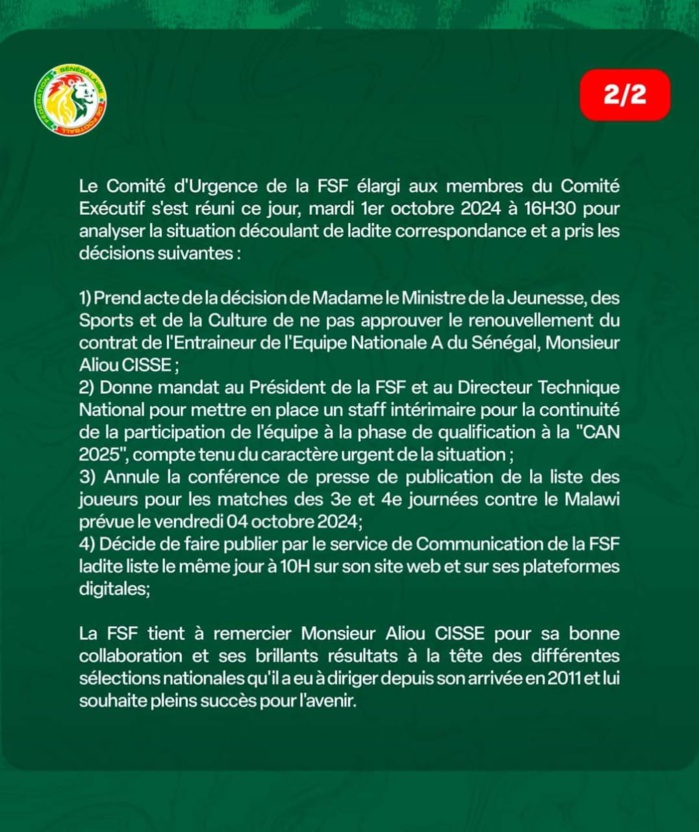 Refus du ministre des Sports de prolonger son contrat d’une année : la FSF entérine le départ d’Aliou Cissé à la tête de l’équipe nationale du Sénégal . Refus du ministre des Sports de prolonger son contrat d’une année : la FSF entérine le départ d’Aliou Cissé à la tête de l’équipe nationale du Sénégal .