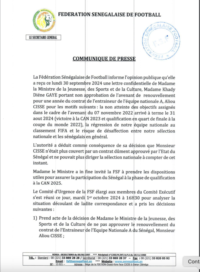 Football / Limogeage du sélectionneur national : La FSF remercie Aliou Cissé et lui souhaite pleins succès...