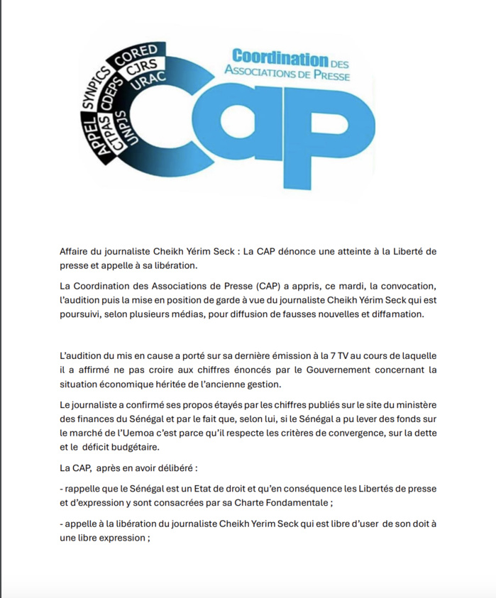 Placement en garde à vue de Cheikh Yérim Seck : la CAP dénonce une atteinte à la liberté de presse et demande sa libération. Placement en garde à vue de Cheikh Yérim Seck : la CAP dénonce une atteinte à la liberté de presse et demande sa libération.