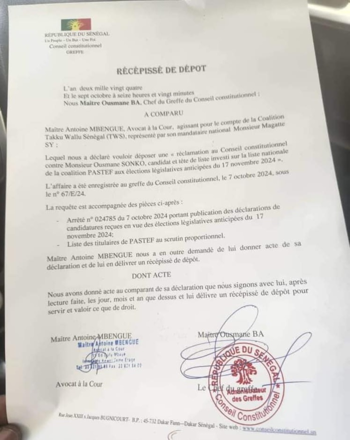 Conseil constitutionnel : la coalition « Takku Wallu Sénégal » a déposé une réclamation contre la tête de liste de Pastef, Ousmane Sonko Conseil constitutionnel : la coalition « Takku Wallu Sénégal » a déposé une réclamation contre la tête de liste de Pastef, Ousmane Sonko