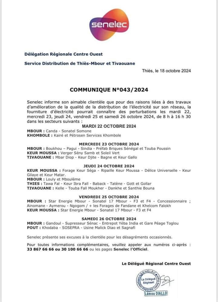 La Senelec annonce des interruptions temporaires de la fourniture d’électricité dans certaines localités du Sénégal,à partir du mardi La Senelec annonce des interruptions temporaires de la fourniture d’électricité dans certaines localités du Sénégal,à partir du mardi