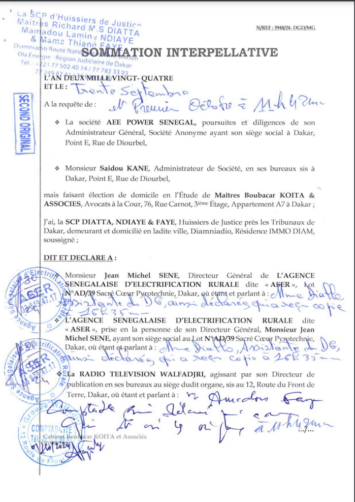 Affaire Scandale de l'Aser : AEE Power Sénégal et son DG, Saidou Kane envoient une sommation interpellative à Jean Michel Sene. Affaire Scandale de l'Aser : AEE Power Sénégal et son DG, Saidou Kane envoient une sommation interpellative à Jean Michel Sene.