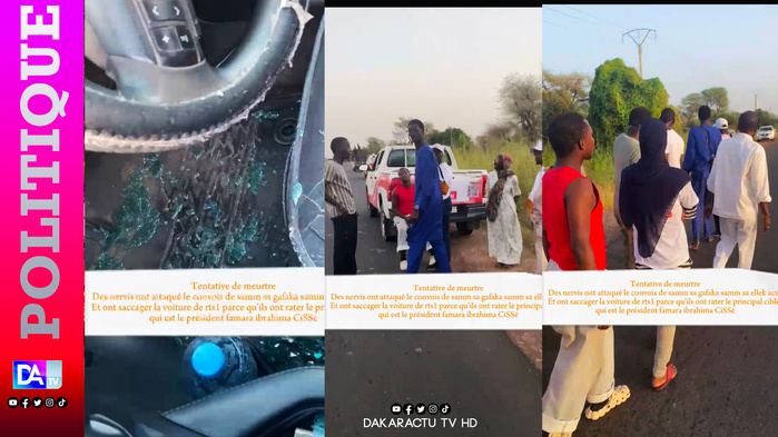 Violences électorales : le cortège de Samm Sa Gafaka Samm Sa Ëllëk( ACSIF) attaqué à hauteur de Khombole… Un véhicule de la RTS saccagé  Violences électorales : le cortège de Samm Sa Gafaka Samm Sa Ëllëk( ACSIF) attaqué à hauteur de Khombole… Un véhicule de la RTS saccagé