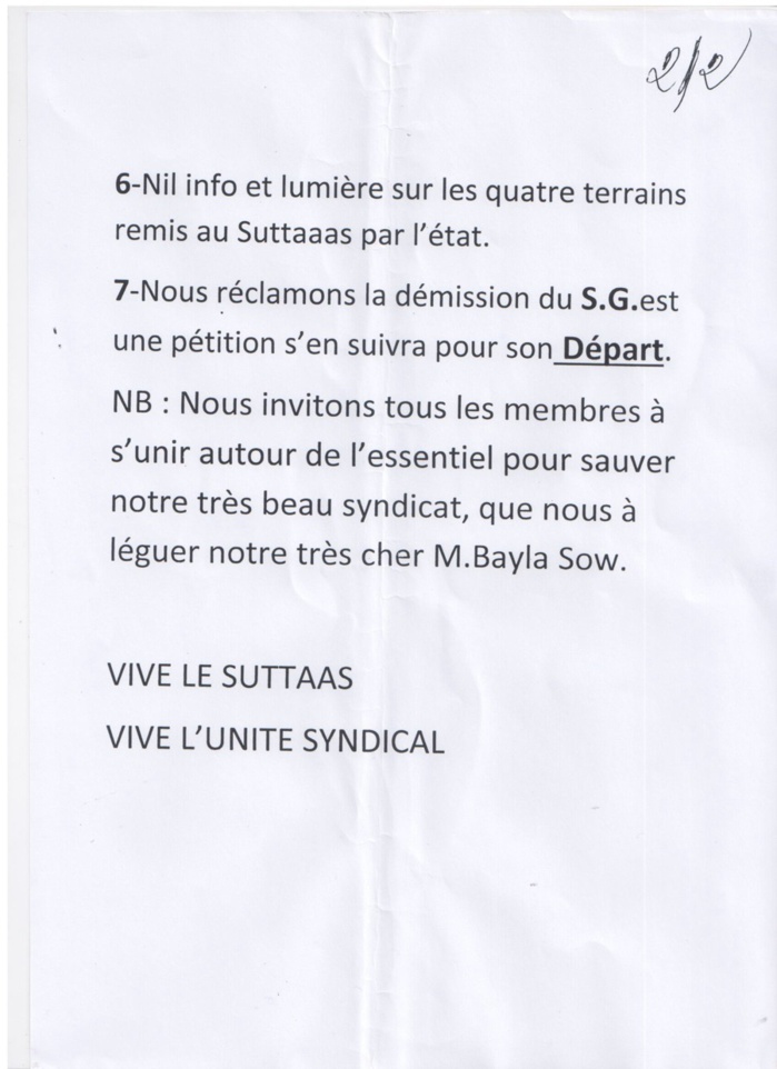 SUTTAAS : Des membres du mouvement réclament la démission du SG Alassane N'doye SUTTAAS : Des membres du mouvement réclament la démission du SG Alassane N'doye