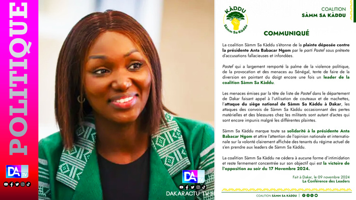 Plainte déposée contre Anta Babacar Ngom par Pastef - Sàmm Sa Kaddù marque toute sa solidarité et déclare : "Pastef a largement remporté la palme de la violence politique!" Plainte déposée contre Anta Babacar Ngom par Pastef - Sàmm Sa Kaddù marque toute sa solidarité et déclare : "Pastef a largement remporté la palme de la violence politique!"