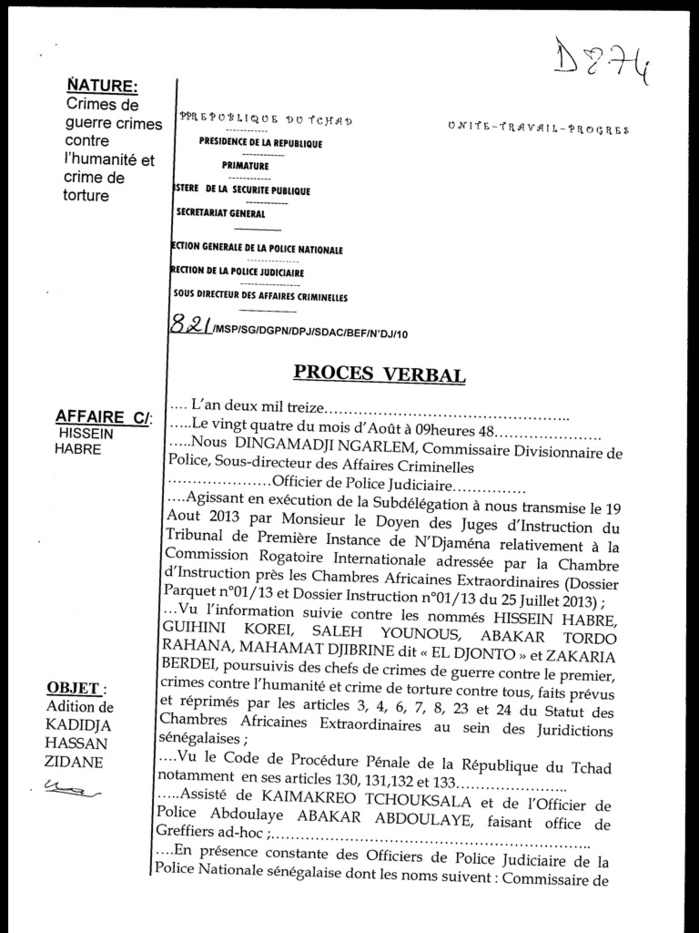 Procès Habré : Des accusations de viol qui ne figurent pas sur le Pv d’audition de Khadidja Hassan Zeydane (Documents) Procès Habré : Des accusations de viol qui ne figurent pas sur le Pv d’audition de Khadidja Hassan Zeydane (Documents)