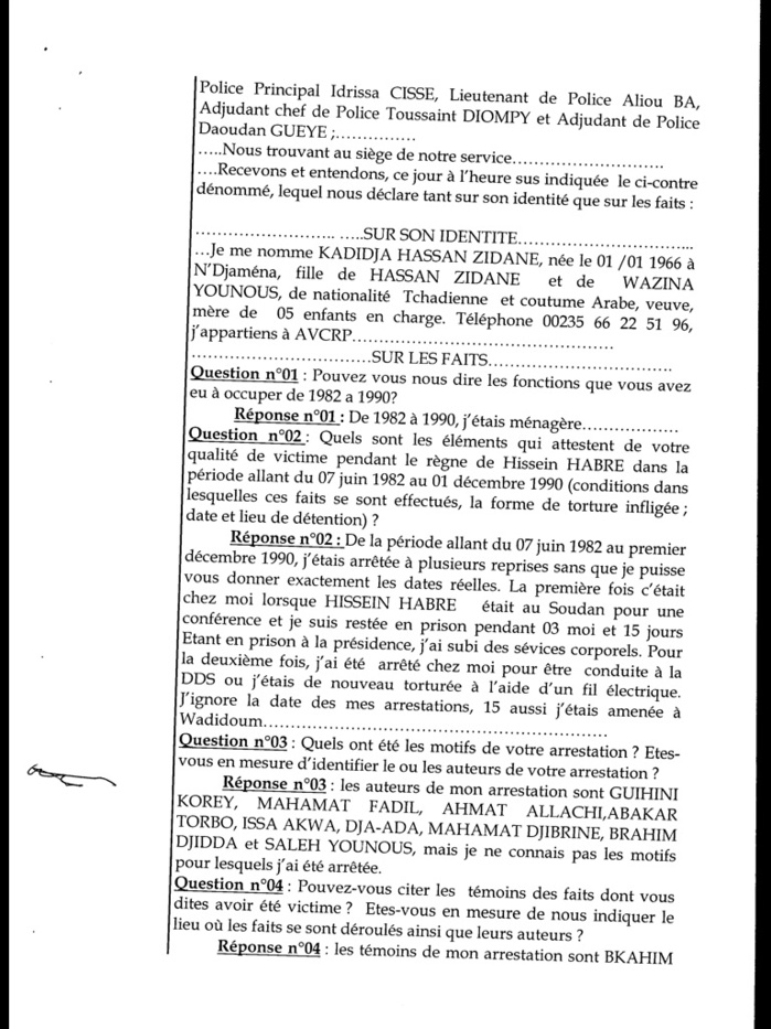 Procès Habré : Des accusations de viol qui ne figurent pas sur le Pv d’audition de Khadidja Hassan Zeydane (Documents)