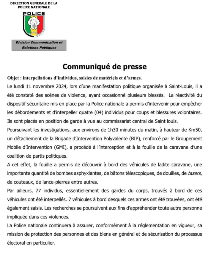 Violences électorales : 77 interpellations, 7 véhicules, du matériel et des armes saisis sur une caravane (Police) Violences électorales : 77 interpellations, 7 véhicules, du matériel et des armes saisis sur une caravane (Police)