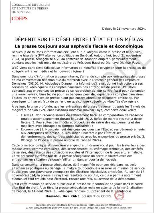 Éffectivité du déblocage des comptes bancaires – Mamadou Ibra Kane du CDEPS apporte un démenti : « La presse toujours sous asphyxie fiscale et économique ». Éffectivité du déblocage des comptes bancaires – Mamadou Ibra Kane du CDEPS apporte un démenti : « La presse toujours sous asphyxie fiscale et économique ».