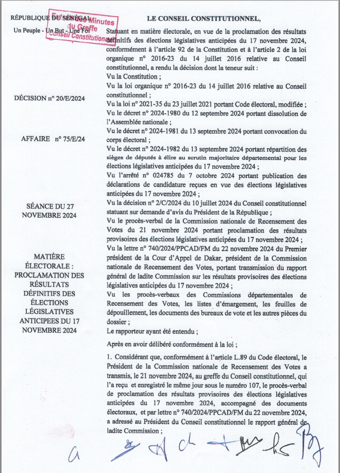 Résultas des élections législatives 2024 : le conseil constitutionnel confirme la victoire du Pastef avec 1.991.770 voix obtenues Résultas des élections législatives 2024 : le conseil constitutionnel confirme la victoire du Pastef avec 1.991.770 voix obtenues