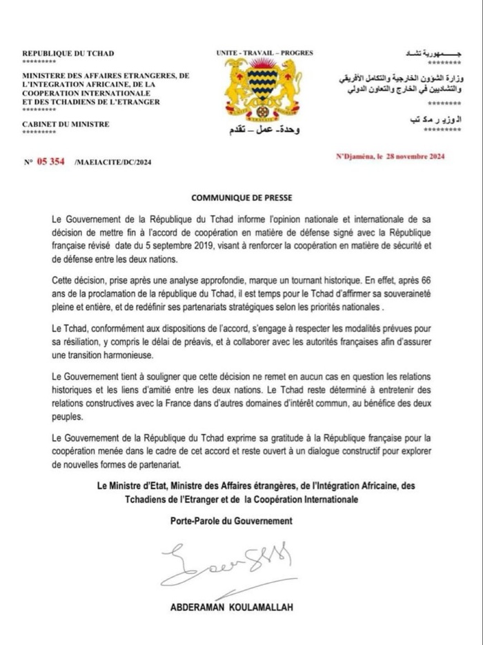 Le Tchad rompt ses accords de coopération de défense avec la France (ministère des Affaires étrangères tchadien) Le Tchad rompt ses accords de coopération de défense avec la France (ministère des Affaires étrangères tchadien)