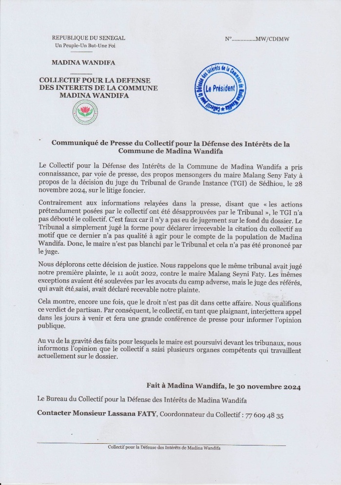 Medina Wandifa (Sédhiou) : Le collectif pour la défense des intérêts de la commune va interjeter appel sur la décision rendue par le TGI… Medina Wandifa (Sédhiou) : Le collectif pour la défense des intérêts de la commune va interjeter appel sur la décision rendue par le TGI…