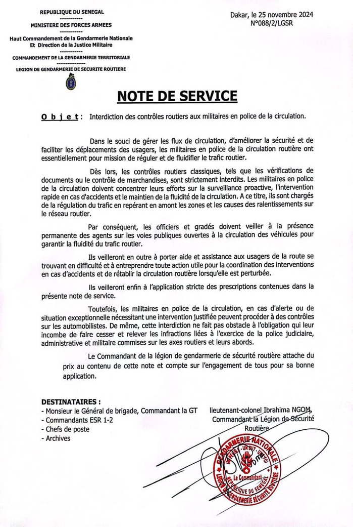 Sénégal : Interdiction des contrôles routiers aux militaires en police de la circulation (gendarmes) Sénégal : Interdiction des contrôles routiers aux militaires en police de la circulation (gendarmes)