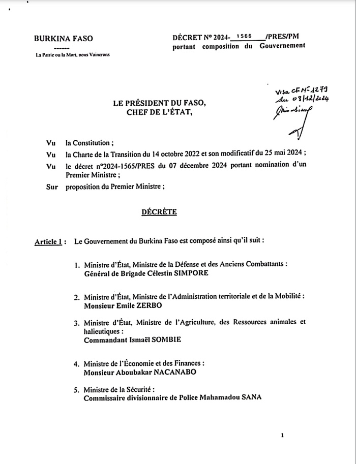 Burkina: un nouveau gouvernement formé deux jours après sa dissolution