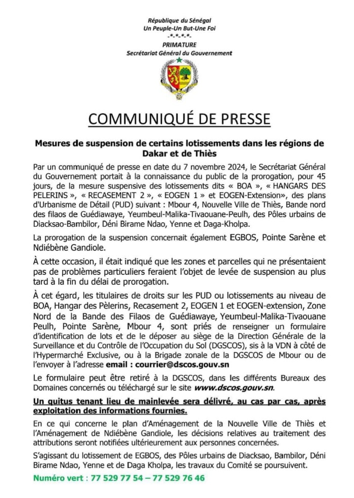Suspension de certains lotissements dans les régions de Dakar et de Thiès : le secrétariat général du Gouvernement exige des titulaires le dépôt d'un formulaire à la Dscos Suspension de certains lotissements dans les régions de Dakar et de Thiès : le secrétariat général du Gouvernement exige des titulaires le dépôt d'un formulaire à la Dscos