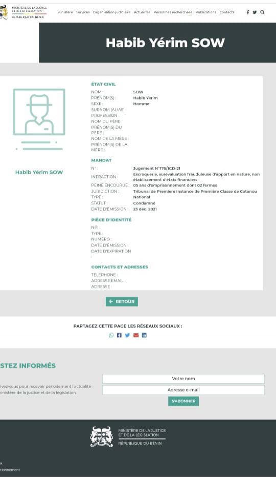 La justice béninoise ordonne l'arrestation de Yérim Sow La justice béninoise ordonne l'arrestation de Yérim Sow