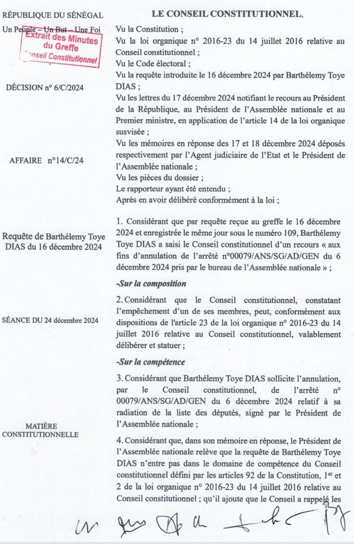 Requête de Barthélemy Dias: le Conseil constitutionnel se déclare incompétent Requête de Barthélemy Dias: le Conseil constitutionnel se déclare incompétent