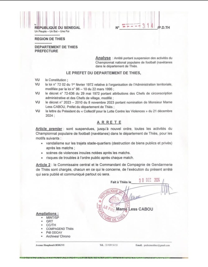 Thiès - Séries de violences : Le préfet suspend les activités du Championnat national populaire ( navétanes) jusqu'à nouvel ordre Thiès - Séries de violences : Le préfet suspend les activités du Championnat national populaire ( navétanes) jusqu'à nouvel ordre