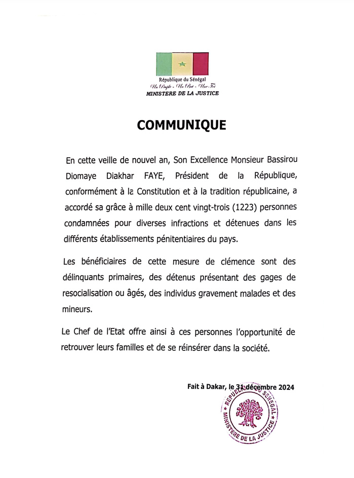 Nouvel An : 1 223 détenus graciés par le Président Bassirou Diomaye Faye Nouvel An : 1 223 détenus graciés par le Président Bassirou Diomaye Faye