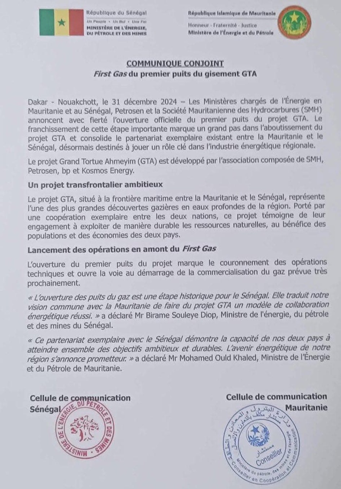 Frontière maritime entre la Mauritanie et le Sénégal : Ouverture officielle du premier puits du gisement grand Tortue Ahmeyim GTA (Communiqué). Frontière maritime entre la Mauritanie et le Sénégal : Ouverture officielle du premier puits du gisement grand Tortue Ahmeyim GTA (Communiqué).