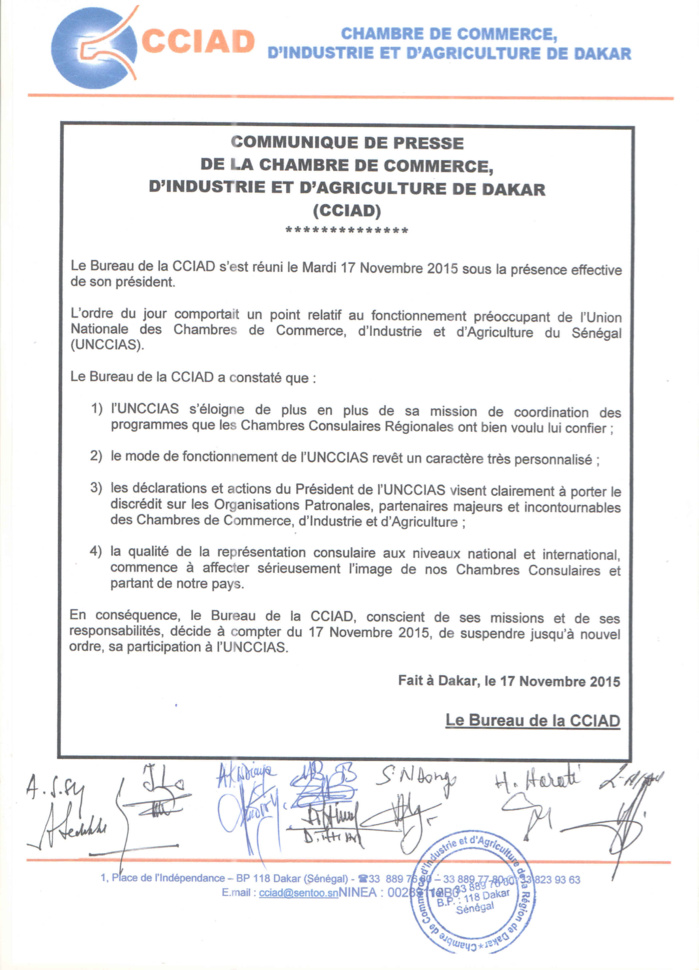 Pour comportement douteux : La CCIA de Dakar suspend ses activités dans l'Union Nationale des Chambres de Commerce Pour comportement douteux : La CCIA de Dakar suspend ses activités dans l'Union Nationale des Chambres de Commerce