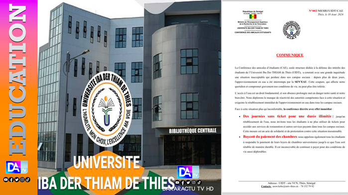 Thiès - Lenteur dans la finalisation et la livraison du pavillon de 1000 lits de l'UIDT : La conférence des amicales d'étudiants décrète 72 heures de cessation immédiate de toute activité pédagogique et des journées sans ticket Thiès - Lenteur dans la finalisation et la livraison du pavillon de 1000 lits de l'UIDT : La conférence des amicales d'étudiants décrète 72 heures de cessation immédiate de toute activité pédagogique et des journées sans ticket