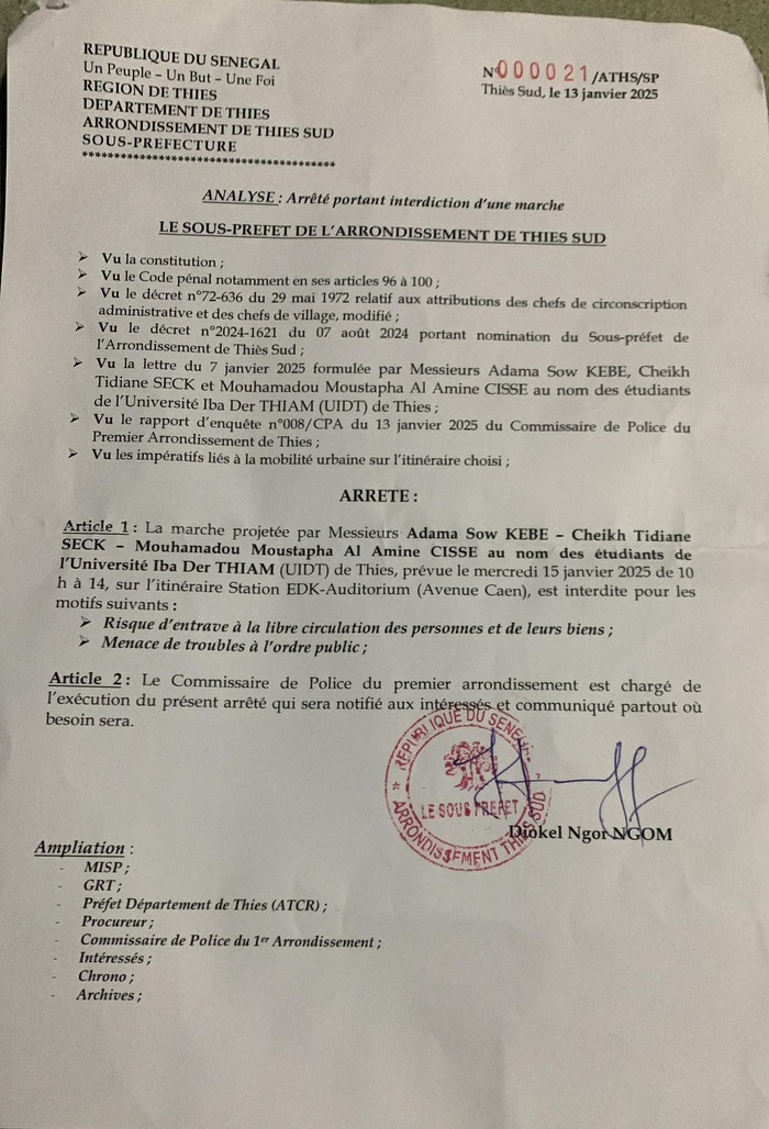 Thiès: interdiction de la marche pacifique des étudiants de l'université Iba Der Thiam de Thiès, prévue ce mercredi 15 janvier 2025. Thiès: interdiction de la marche pacifique des étudiants de l'université Iba Der Thiam de Thiès, prévue ce mercredi 15 janvier 2025.