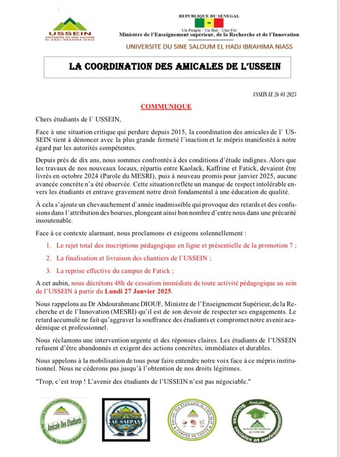 USSEIN: Les Étudiants décrètent une grève de 48 heures USSEIN: Les Étudiants décrètent une grève de 48 heures