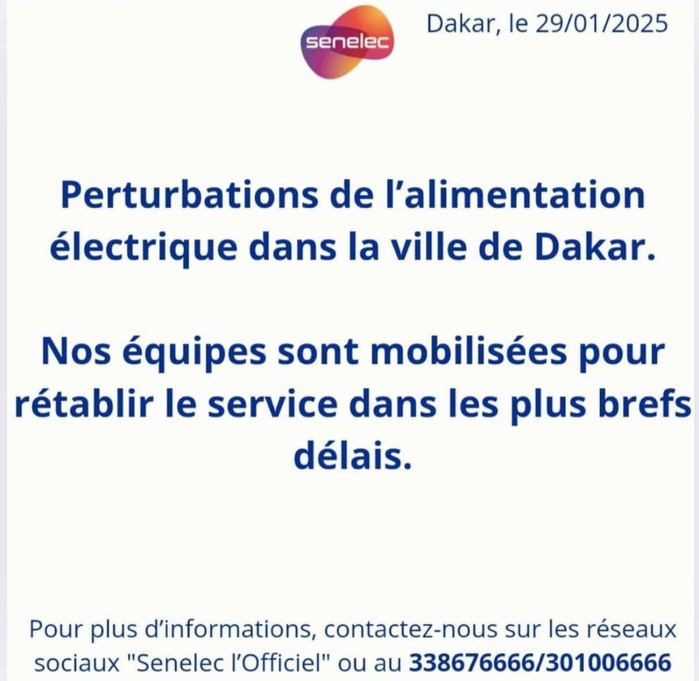 Fourniture en électricité : La Senelec annonce des perturbations à Dakar Fourniture en électricité : La Senelec annonce des perturbations à Dakar