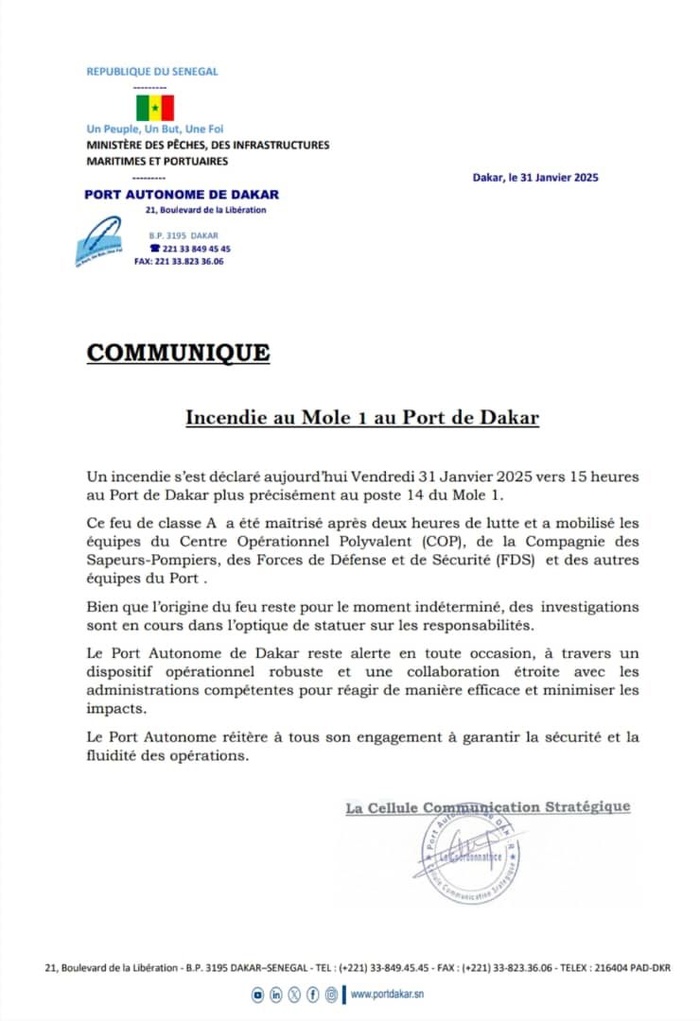 Incendie au Môle 1 du Port de Dakar : Le feu maîtrisé après deux heures d’intervention Incendie au Môle 1 du Port de Dakar : Le feu maîtrisé après deux heures d’intervention