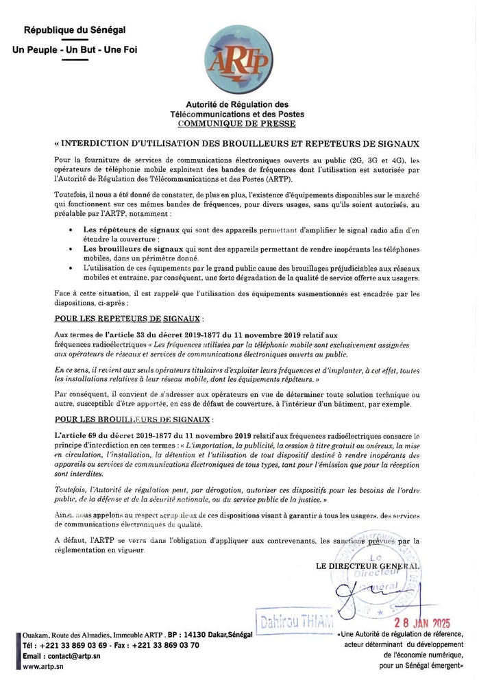 Interdiction formelle des brouilleurs et répéteurs de signaux : L’ARTP met en garde Interdiction formelle des brouilleurs et répéteurs de signaux : L’ARTP met en garde