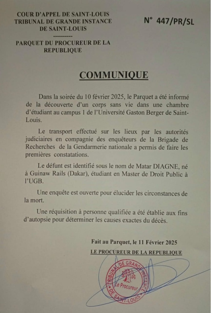 Saint-Louis- Décès de l’étudiant Matar Diagne dans une chambre à l’UGB : Le procureur de la République ordonne l’ouverture d’une enquête Saint-Louis- Décès de l’étudiant Matar Diagne dans une chambre à l’UGB : Le procureur de la République ordonne l’ouverture d’une enquête