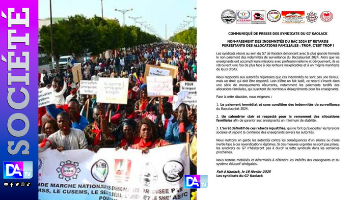 Non-paiement des indemnités du Bac 2024 et retards persistants des allocations familiales : Les syndicats du G7 Kaolack menacent de durcir la lutte syndicale... Non-paiement des indemnités du Bac 2024 et retards persistants des allocations familiales : Les syndicats du G7 Kaolack menacent de durcir la lutte syndicale...