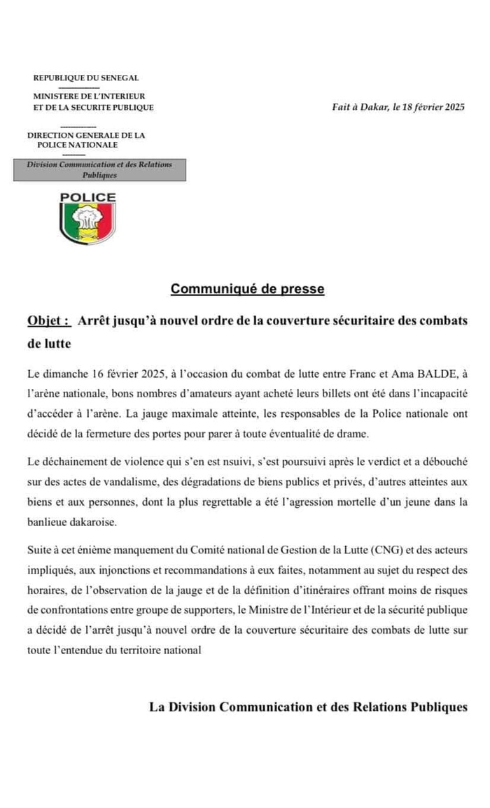 Insécurité dans l’arène : La police suspend sa couverture des combats de lutte jusqu'à nouvel ordre Insécurité dans l’arène : La police suspend sa couverture des combats de lutte jusqu'à nouvel ordre